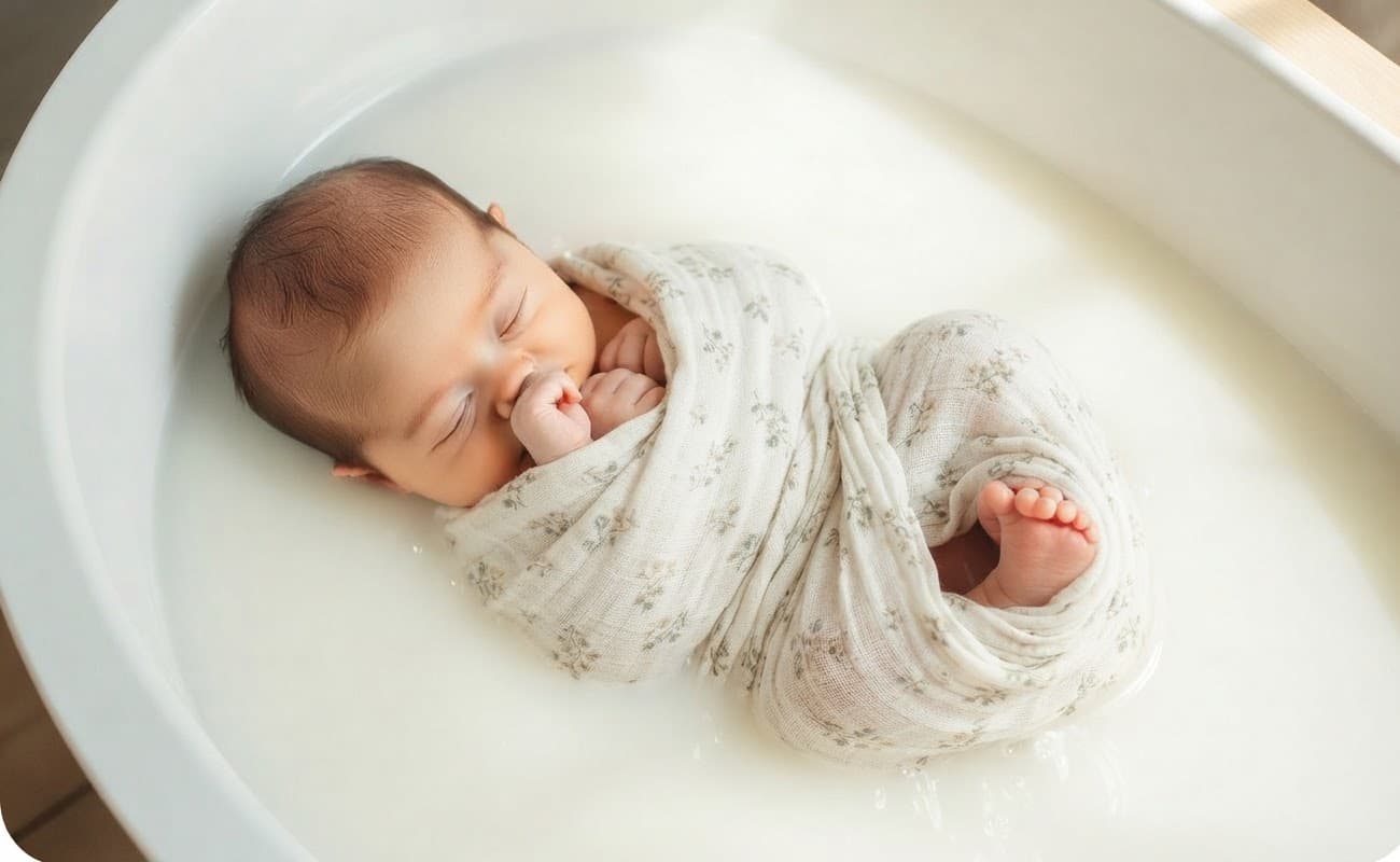 Bain enveloppé bébé à domicile à Toulouse Nouveau-né emmailloté dans un lange pendant un bain enveloppé